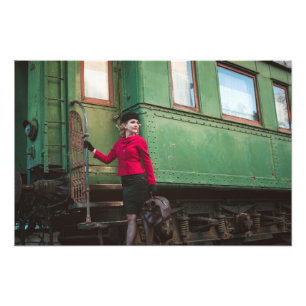 Vintage retro woman at train station photo print