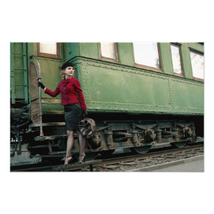 Vintage retro woman at train station photo print