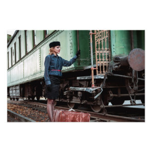 Vintage retro woman at train station photo print