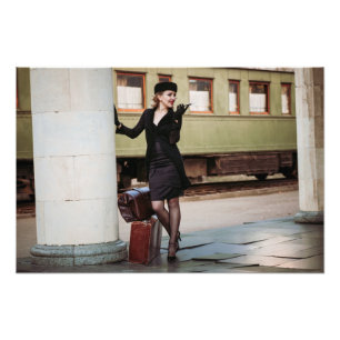 Vintage retro woman at train station photo print