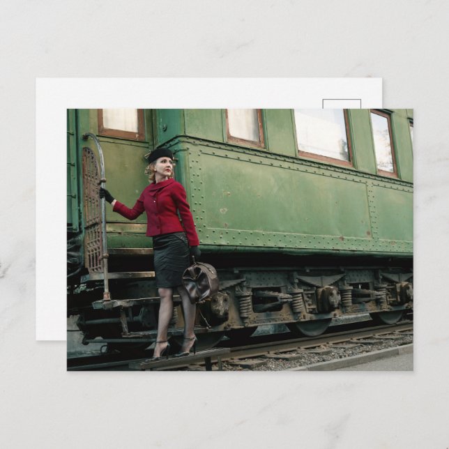 Vintage retro woman at train station postcard (Front/Back)