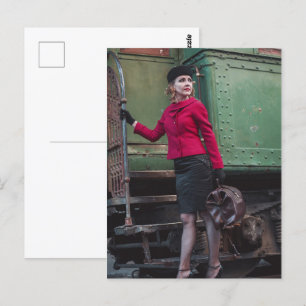Vintage retro woman at train station postcard