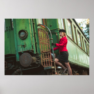 Vintage retro woman at train station poster