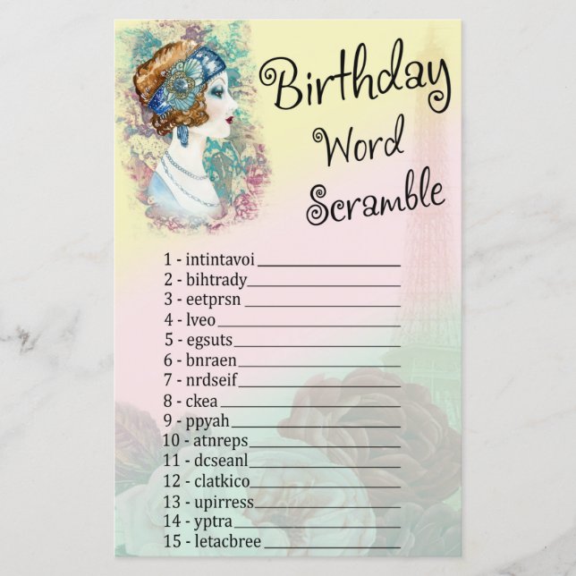 Vintage Retro Woman Birthday Word Scramble Game (Front)