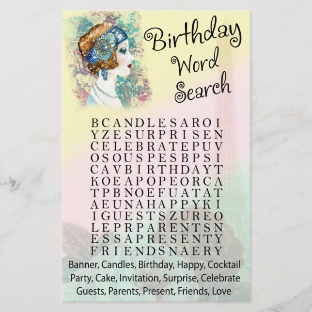 Vintage Retro Woman Birthday word search game (Front)