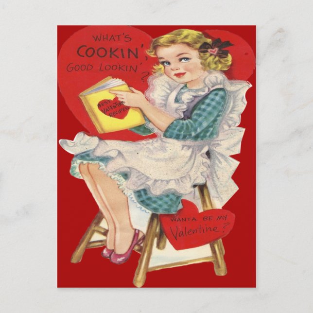 Vintage Retro Woman Cooking Valentine Card (Front)