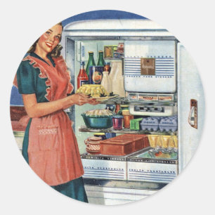 Vintage Retro Women 50s Kitchen Full Refrigerator Classic Round Sticker