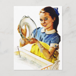 Vintage Retro Women Girl Doing the Dishes Postcard