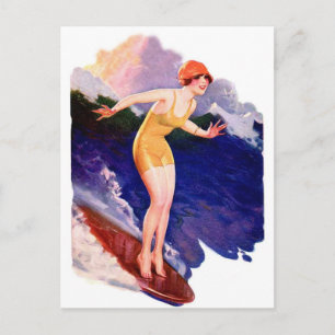Vintage Retro Women Kitsch 20s Surfing Surfer Postcard