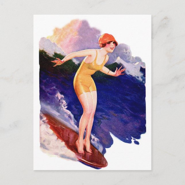 Vintage Retro Women Kitsch 20s Surfing Surfer Postcard (Front)