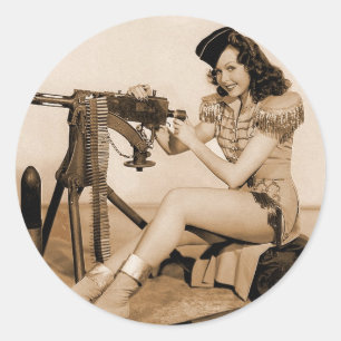 Vintage Retro Women Machine Gunner Girl Classic Round Sticker