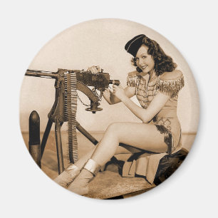 Vintage Retro Women Machine Gunner Girl Magnet