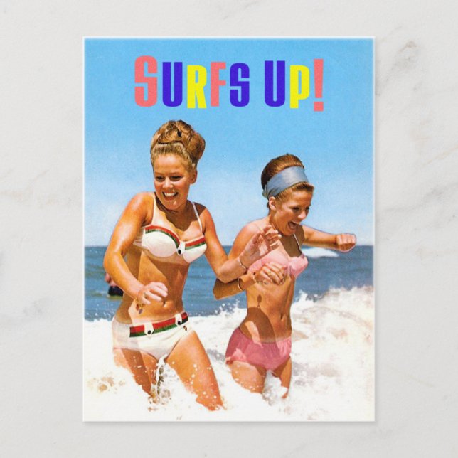 Vintage Retro Women Surfs Up Beach Girls Postcard (Front)