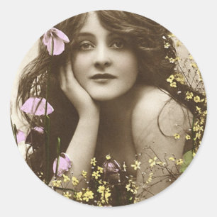 Vintage Retro Women Victorian Flower Girl Classic Round Sticker