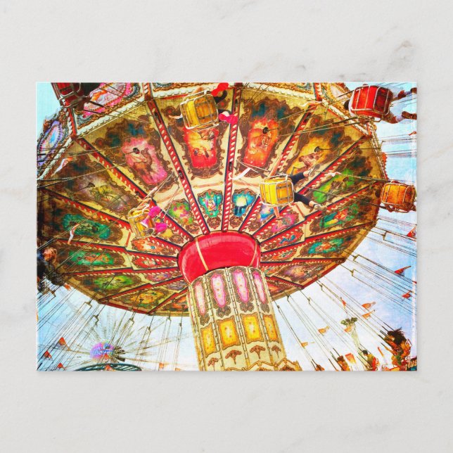 Vintage retro yellow carnival swing ride photo postcard (Front)