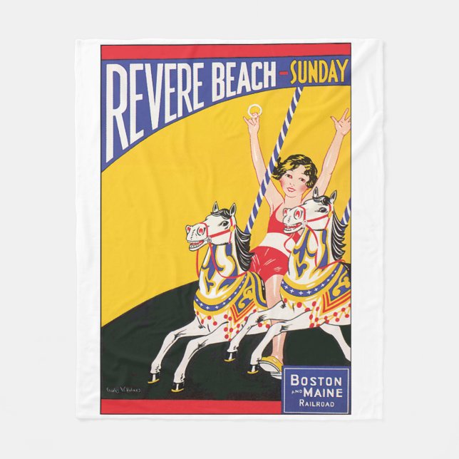 Vintage Revere Beach Carousel Poster Nostalgic Fleece Blanket (Front)