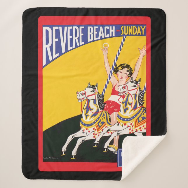 Vintage Revere Beach Carousel Poster Nostalgic Sherpa Blanket (Front)