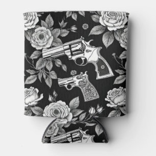 Vintage Revolver Black & White Floral Illustration Can Cooler