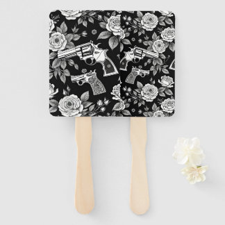 Vintage Revolver Floral Illustration Black White Hand Fan