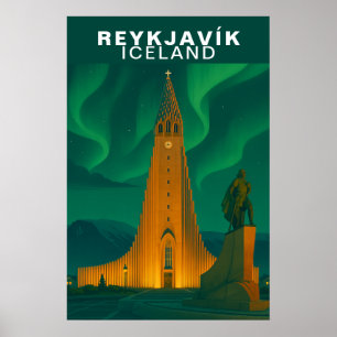 Vintage Reykjavík, Iceland Aurora Borealis Poster