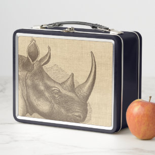 Vintage Rhino Illustration on Burlap Metal Lunch Box