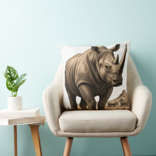 Vintage Rhinoceros African Wildlife Illustration T Cushion