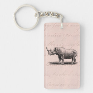 Vintage Rhinoceros Illustration Rhino Rhinos Pink Key Ring
