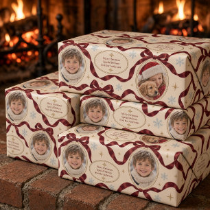 Vintage Ribbon Frame Photo Collage Burgundy Bow  Wrapping Paper