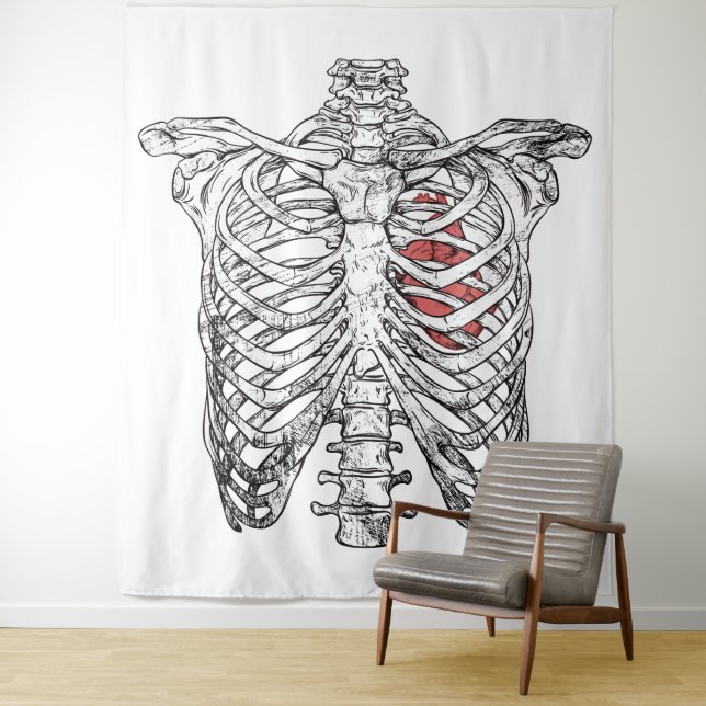 Vintage Ribcage & Heart Anatomy Halloween Tapestry (In Situ)