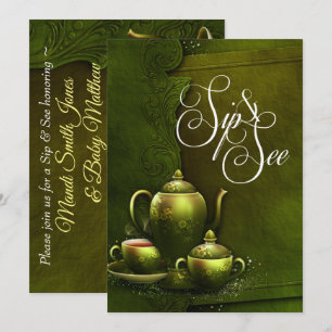 Vintage Rich Green Tea Party Sip/See Baby Shower Invitation