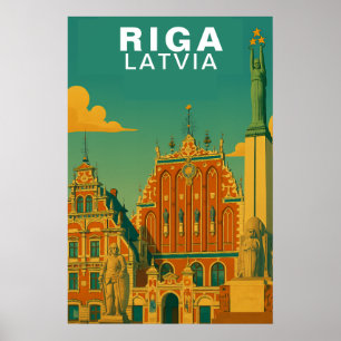Vintage Riga, Latvia Retro Baltic Cityscape Travel Poster