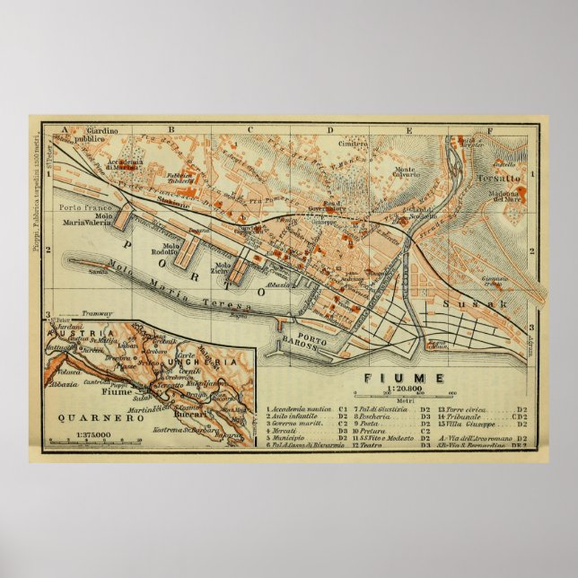 Vintage Rijeka Croatia Map (1911) Poster (Front)