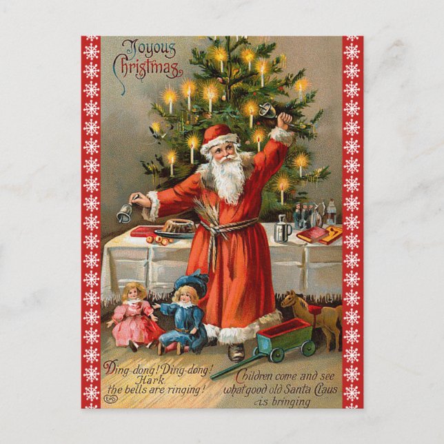 Vintage Ringing Bell Classic Santa Christmas Holiday Postcard (Front)