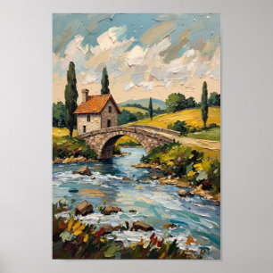 Vintage River Bridge Countryside Art Poster