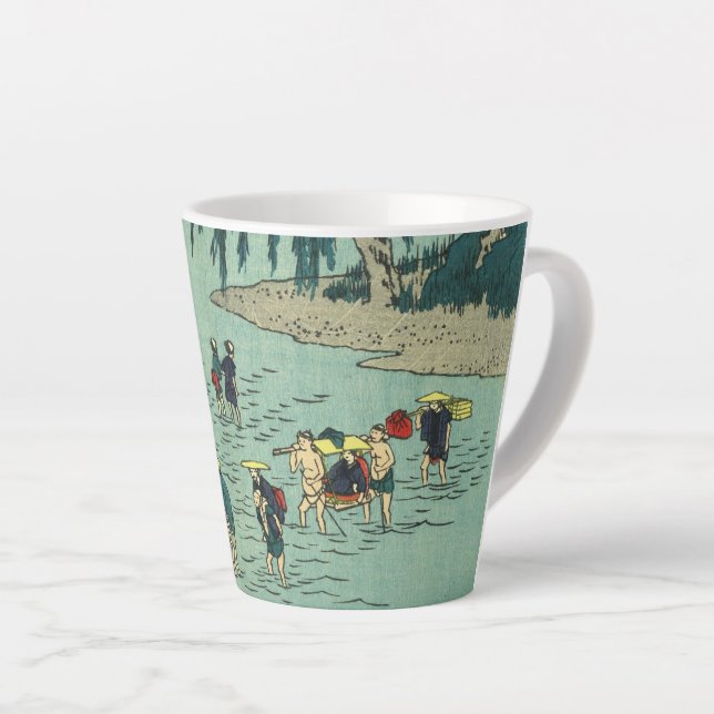 Vintage River Crossing- Japanese Woodblock Latte Mug (Right Angle)