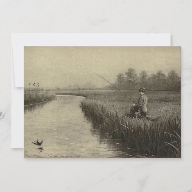 Vintage River Fishing Art Invitation (Front)