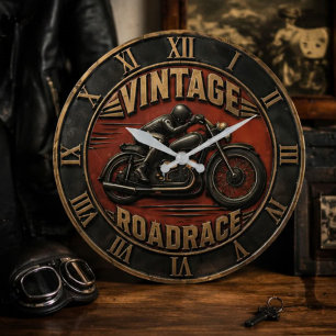 Vintage Road Race Retro Motorcycle Racing Garage Large Clock