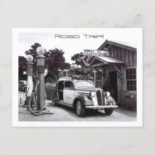 Vintage Road Trip Black & White Filling Station PC Holiday Postcard