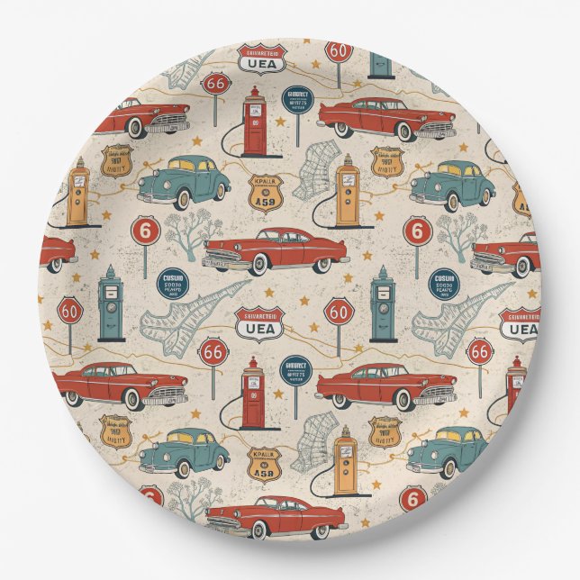 Vintage Road Trip Pattern (2) Paper Plate (Front)