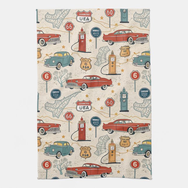 Vintage Road Trip Pattern (2) Tea Towel (Vertical)