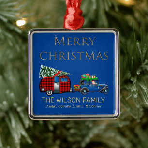 Vintage Road Trip Santa Blue Metal Tree Decoration