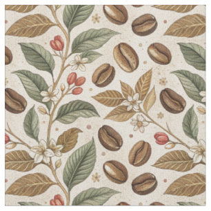 Vintage Roasted Coffee Beans & Flowers Pattern Fabric