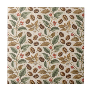 Vintage Roasted Coffee Beans & Flowers Pattern Tile