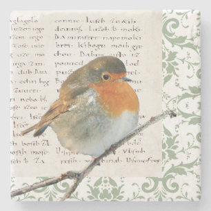 Vintage Robin bird green damask manuscript Stone Coaster