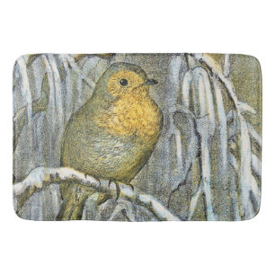 Vintage Robin bird on a snowy branch Bath Mat