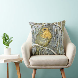 Vintage Robin bird on a snowy branch Cushion
