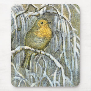 Vintage Robin bird on a snowy branch Mouse Mat