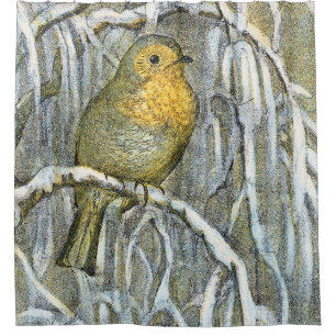 Vintage Robin bird on a snowy branch Shower Curtain