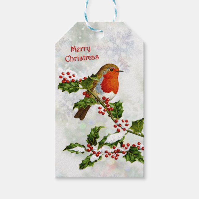 Vintage Robin, holly Christmas Gift Tags (Front)
