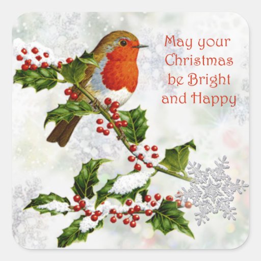 Image of Vintage Robin, holly, snowflake Christmas Square Sticker